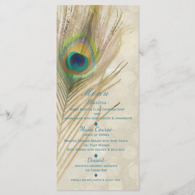 Guld Exotic Peacock Feather Glam Party Menu Meny (Framsida)