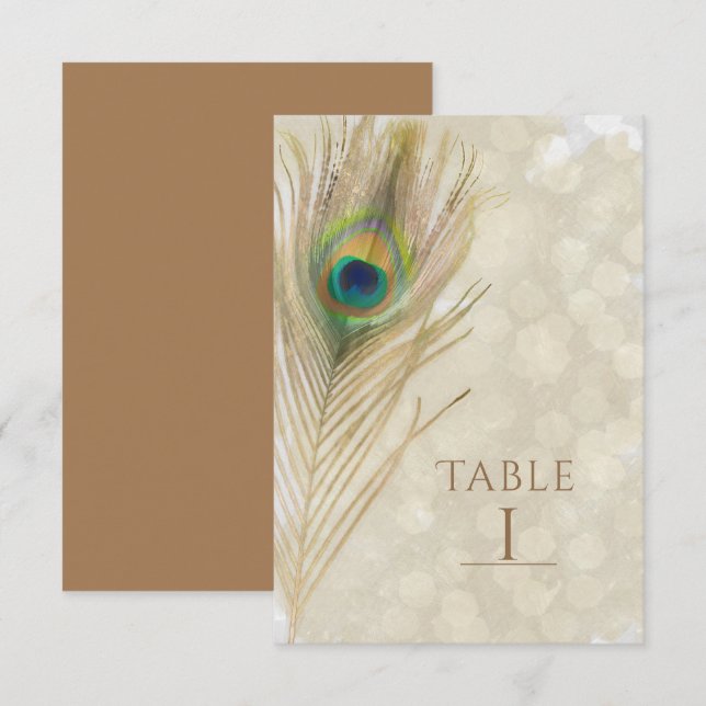 Guld Exotisk Påfågel Fjäder Glam Bord Nummer Kort (Fram/baksida)