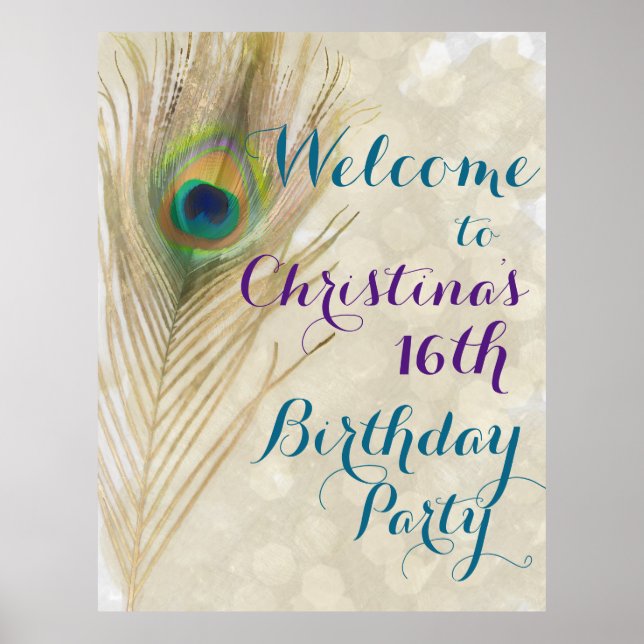 Guld Exotisk Påfågel Fjäder Glamour Party Banner Poster (Framsidan)