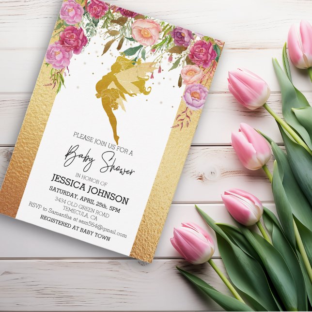 Guld Fairy Baby Shower Rosa Blommigt Inbjudningar (Skapare uppladdad)