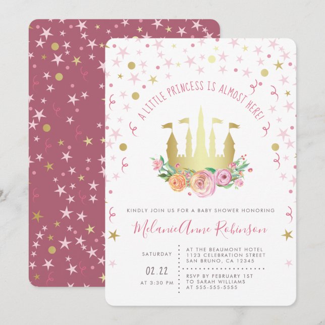 Guld Fairy Castle Twinkle Star Little Princess Inbjudningar (Fram/baksida)