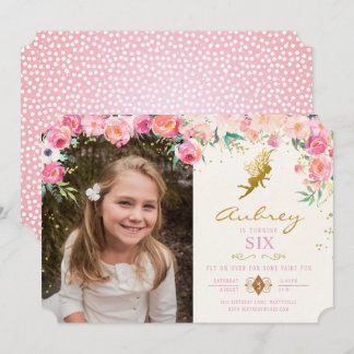 Guld Fairy Rosa Blommigt Birthday Call Inbjudningar