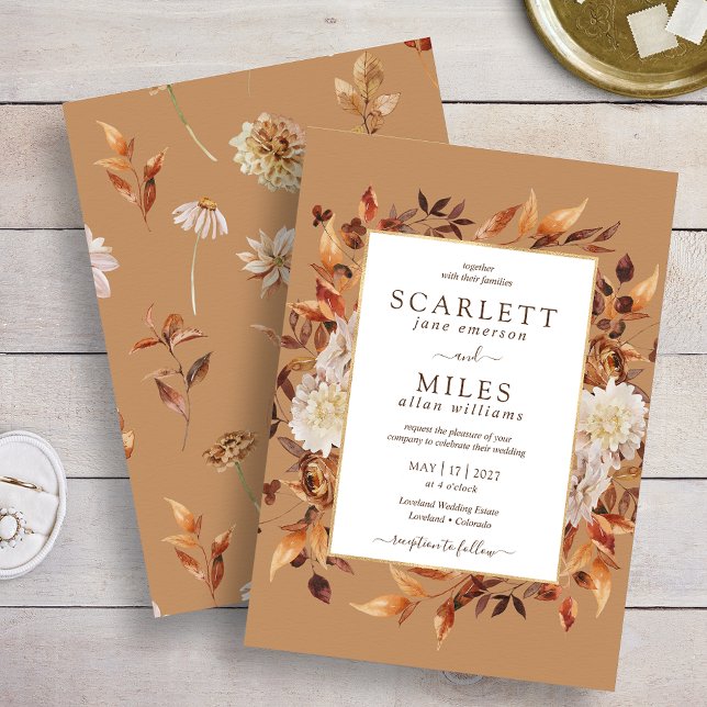 Guld Fall Terracotta Watercolor Blommigt Bröllop Inbjudningar (Gold Fall Terracotta Watercolor Floral Wedding Invitation
)