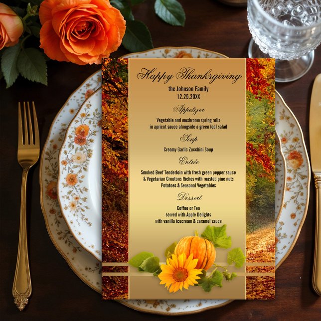 Guld Fall Thanksgiving Meny (Elegant Thanksgiving fall menu card featuring a pumpkin with sunflower on a gold stylized background)