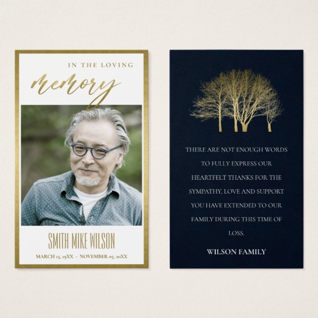 GULD FALL TRÄD SYMPATHY MEMORIAL PHOTO THANKKORT VISITKORT (Framsida & baksida)