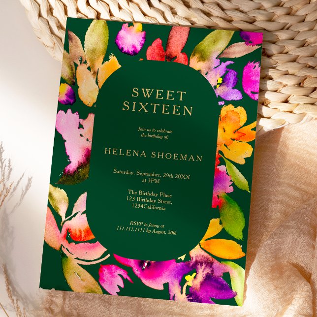 Guld faller överdimensionerad blommigt vattenfärg  inbjudningar (Bold fall oversize floral watercolor Sweet 16 Invitation on green)
