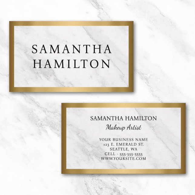 Guld Falsk Folie Kant Vit Marmor Visitkort (Gold Faux Foil Border White Marble Business Card)