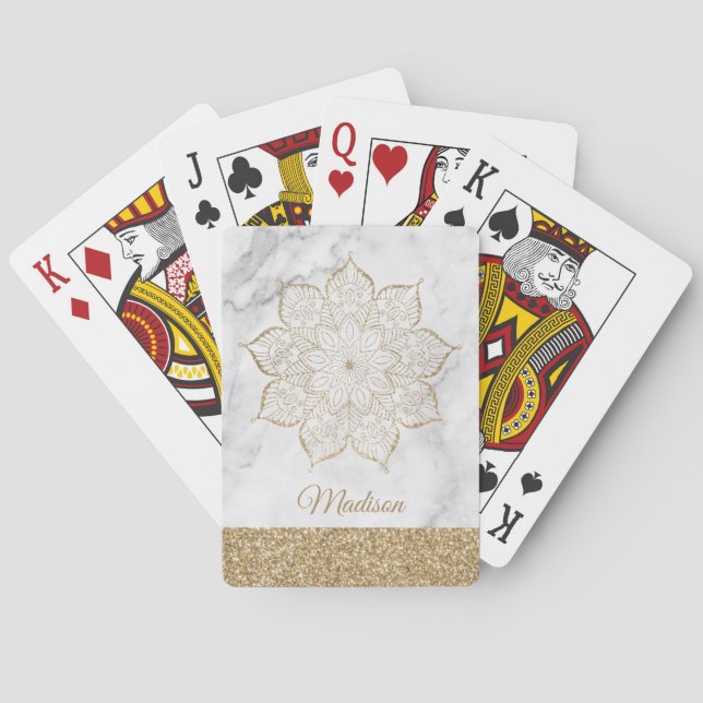 Guld Falsk Glitter Mandala på Grå & Vit Marmor Casinokort (Baksidan)