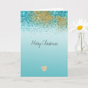 Guld Falskt Glitter Aqua Hjärt Jul Kort