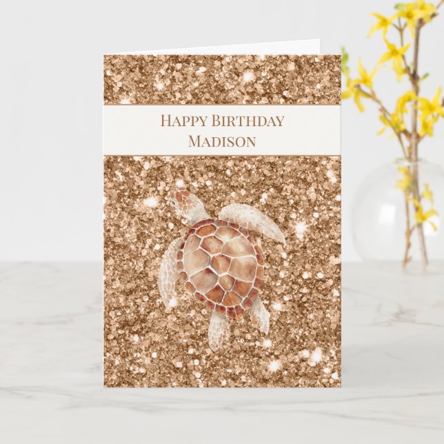 Guld Falskt Glitter Havssköldpadda Födelsedag Kort (Gul blomma)