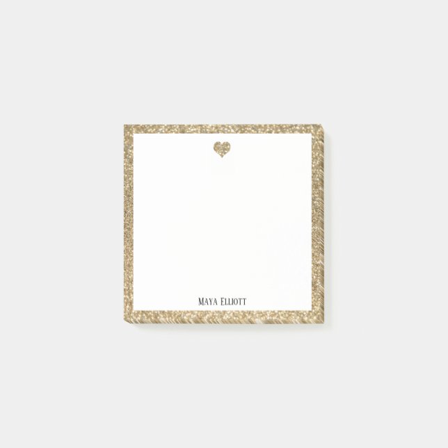 Guld Falskt Glitter Hjärt & Kant m/ Vit + Namn Post-it Block (Framsida)