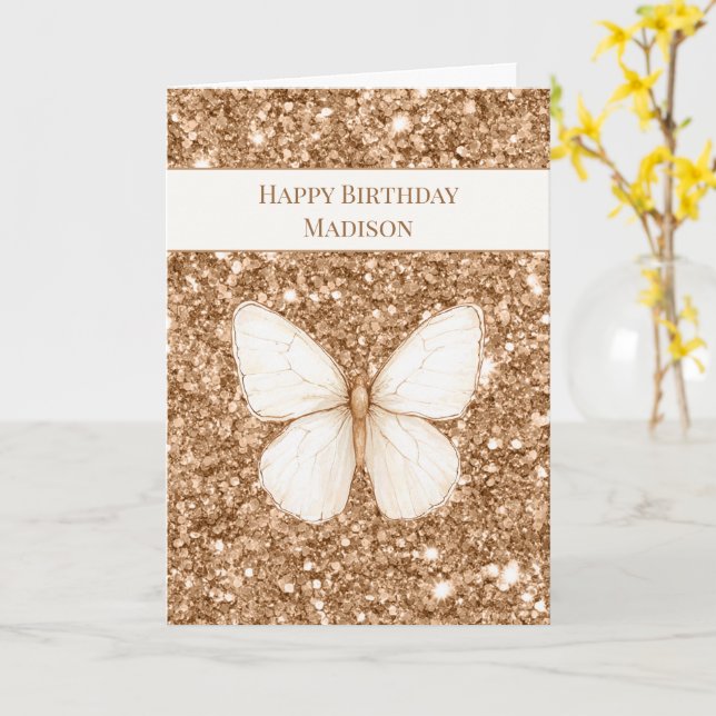 Guld Falskt Glitter Vitt Fjäril Födelsedag Kort (Gul blomma)