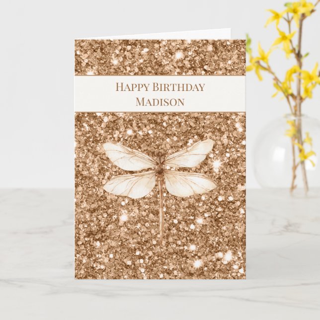 Guld Falskt Glitter Vitt Trollslända Födelsedag Kort (Gul blomma)