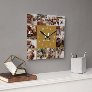 Guld Family Photo Collage med enkel Snyggt Vintage Fyrkantig Klocka