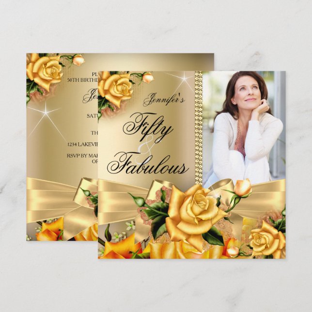 Guld Fantastisk 50 Foto Gul Ros Födelsedag 3 Inbjudningar (Fram/baksida)