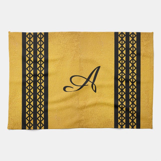 Guld Färg Black Monogram Pub och Diamond Design Kökshandduk (Horisontell)