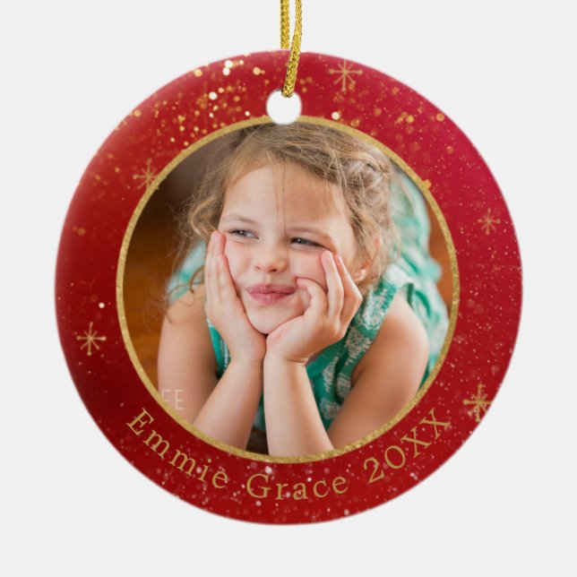 Guld Färg-damm på Red Photo Template Julgransprydnad Keramik (Framsidan)