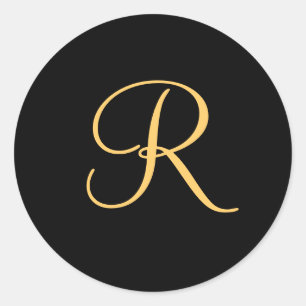 Guld-färgadens inledande R på svart monogramdeka Runt Klistermärke