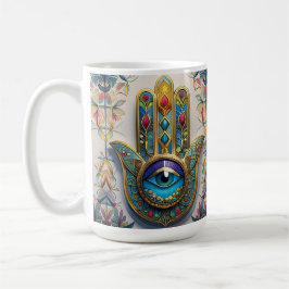 Guld Färgrik Filigran Blå-Grön Tredje Öga Hamsa Kaffemugg