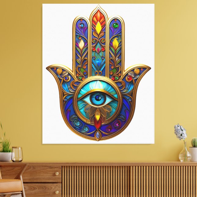 Guld Färgrik Hamsa Turkos Safir Tredje Ögat Canvastryck (Insitu (Vardagsrum))