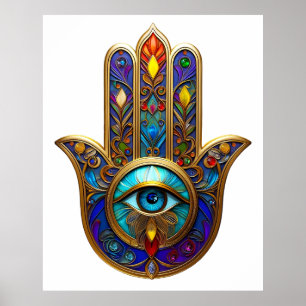 Guld Färgrik Hamsa Turkos Safir Tredje Ögat Poster