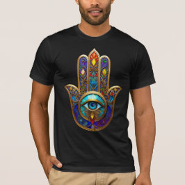 Guld Färgrik Hamsa Turkos Safir Tredje Ögat T Shirt