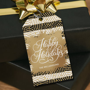 Guld Faux Foil Black White Rand Helgdag Presentetikett