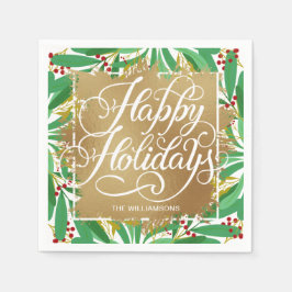 Guld Faux Foil Glad helg Greenery Berries Pappersservett