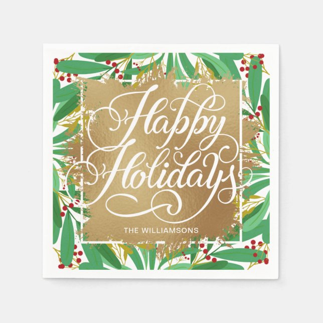 Guld Faux Foil Glad helg Greenery Berries Pappersservett (Framsidan)