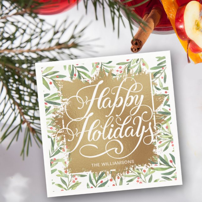 Guld Faux Foil Glad helg Greenery Berries Pappersservett (Personalized Happy Holidays on gold faux foil with branch and berries border napkins)