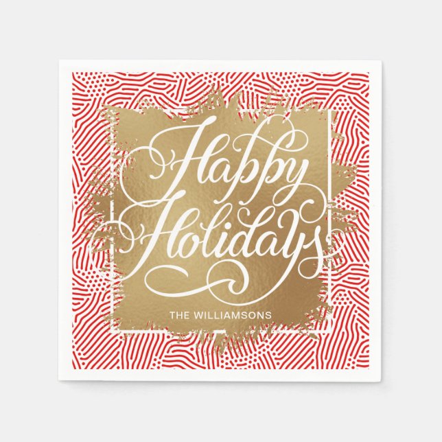 Guld Faux Foil Glad helg Modern Red Pappersservett (Framsidan)