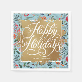 Guld Faux Foil Glad helg Winter Flowers Blue Pappersservett