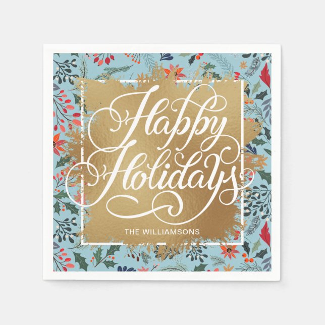 Guld Faux Foil Glad helg Winter Flowers Blue Pappersservett (Framsidan)