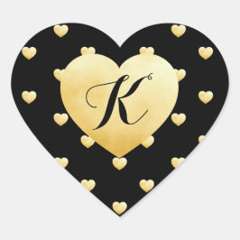 Guld Faux Foil Heart Mönster på Black Monogrammed Hjärtformat Klistermärke