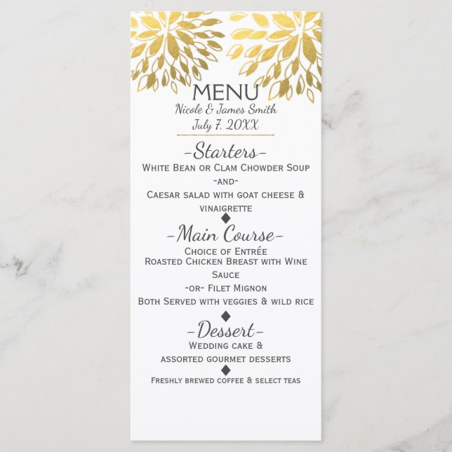 Guld Faux Foil look Modern Flowers Blommigt Menu Meny (Framsida)
