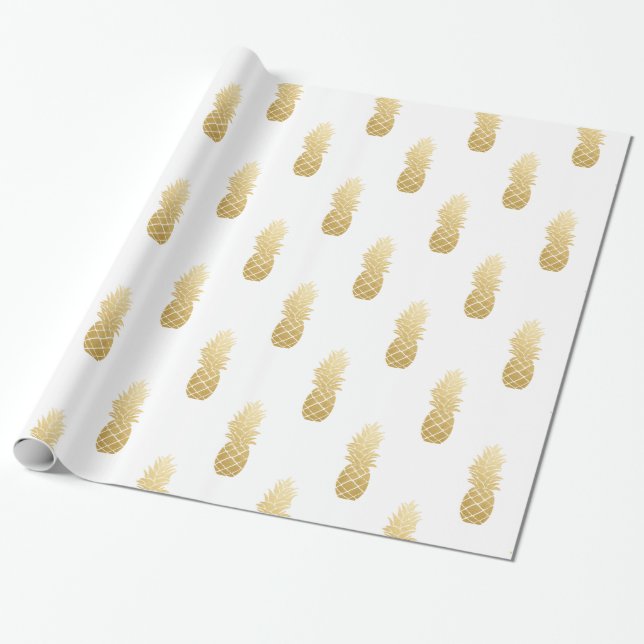 Guld Faux Foil Pineapple Mönster Presentpapper (Utrullad)
