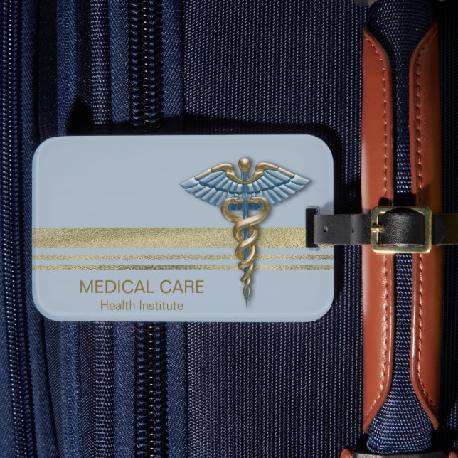 Guld Faux Foil Rand Medical Light Blue Caduceus Bagagebricka (Framsida Insitu 4)