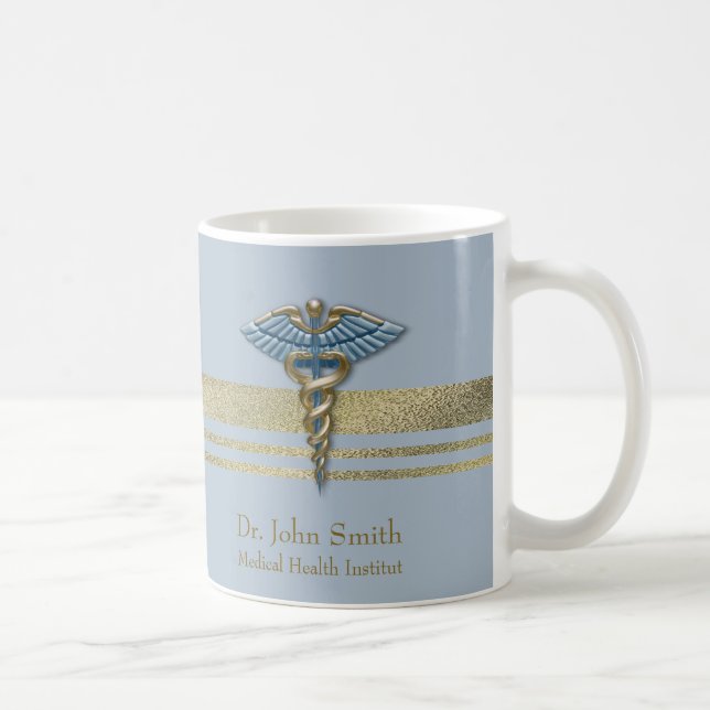 Guld Faux Foil Rand Medical Light Blue Caduceus Kaffemugg (Höger)