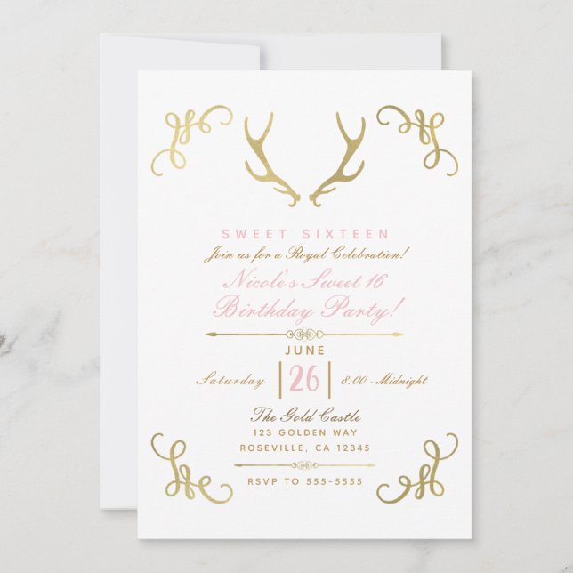 Guld Faux Foil Rustic Hjort Antlers Sweet 16 Party Inbjudningar (Framsida)
