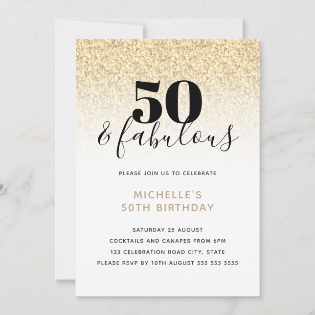Guld Faux Glitter 50 & Fabulous 50:e födelsedagen Inbjudningar (Framsida)