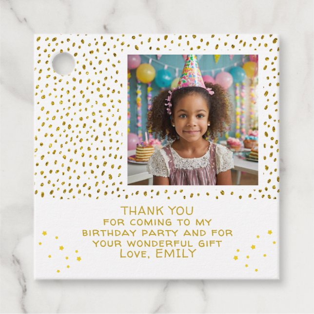 Guld Faux Glitter Birthday Girl Photo Tack Gåvor Etiketter (Framsida)