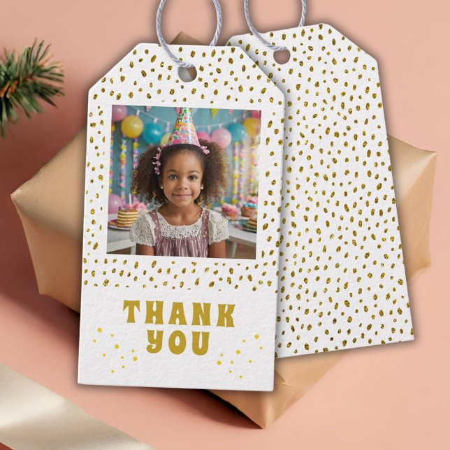 Guld Faux Glitter Birthday Girl Photo Tack Presentetikett (Skapare uppladdad)