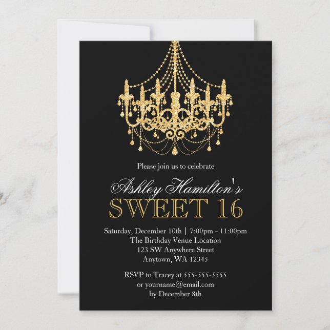 Guld Faux Glitter Chandelier Sweet 16 inbjudningar (Framsida)