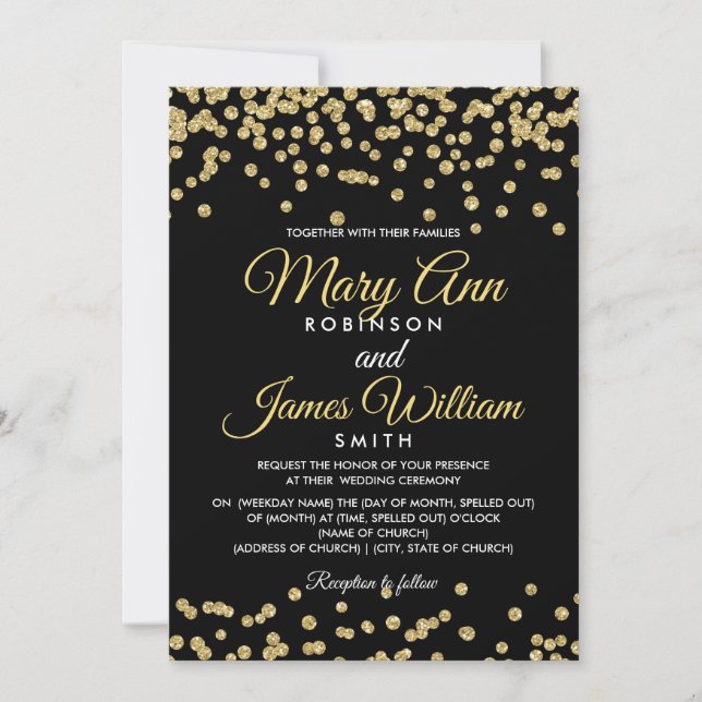 Guld Faux Glitter Confetti Elegant bröllop Black Inbjudningar (Framsida)