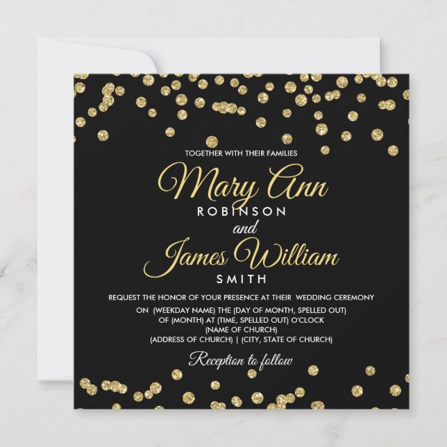 Guld Faux Glitter Confetti Elegant bröllop Black Inbjudningar (Framsida)