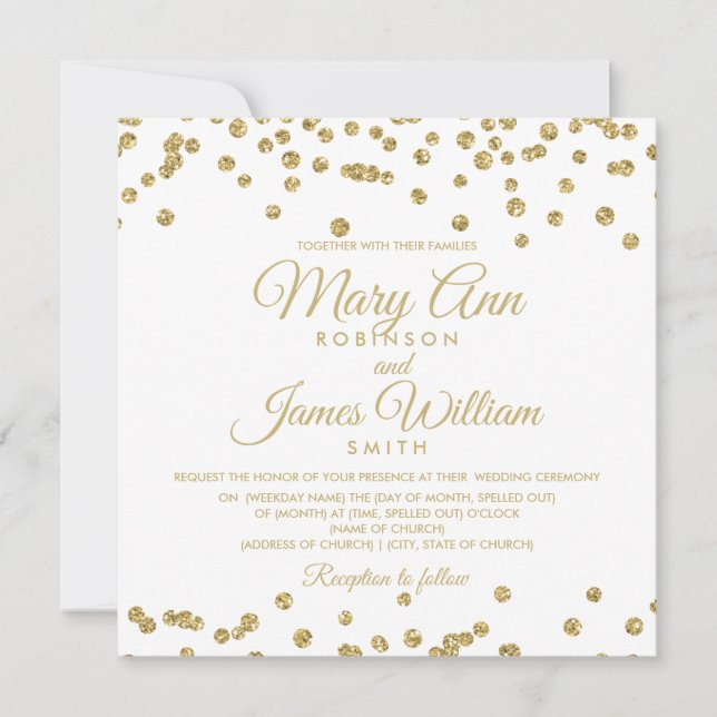 Guld Faux Glitter Confetti Elegant bröllop White Inbjudningar (Framsida)