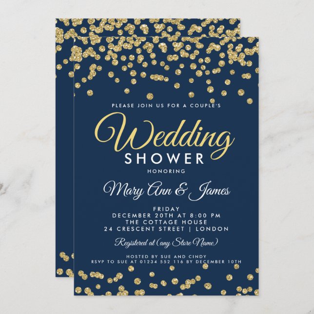 Guld Faux Glitter confetti Navy Couple Shower Inbjudningar (Fram/baksida)