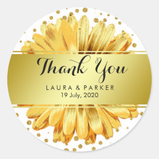 Guld Faux Glitter Daisy Tack Bröllop Blommigt Runt Klistermärke