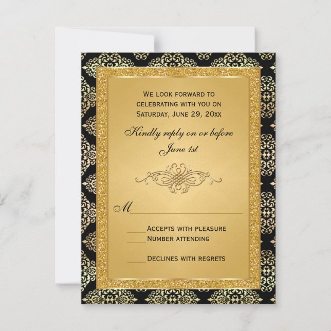 Guld FAUX Glitter, Damask Scroll RSVP-kort Inbjudningar (Framsida)