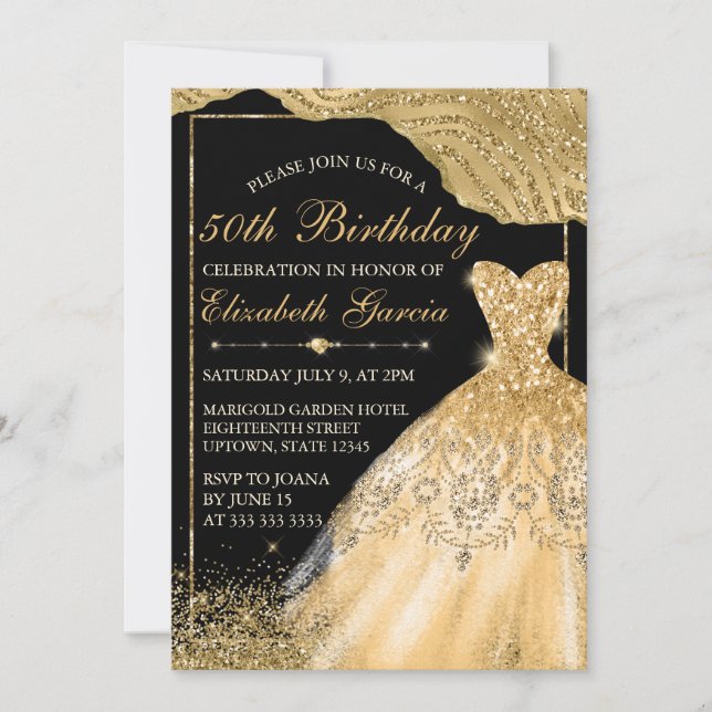 Guld Faux Glitter Dress & Glam Kant Birthday Inbjudningar (Framsida)